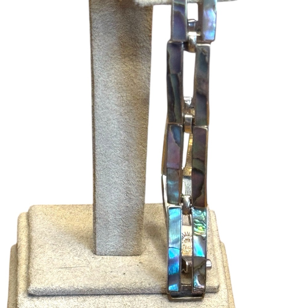 TAXCO MEXICO VINTAGE ABALONE INLAY STERLING SILVER MODERNIST 7" PANEL BRACELET - Picture 6 of 6